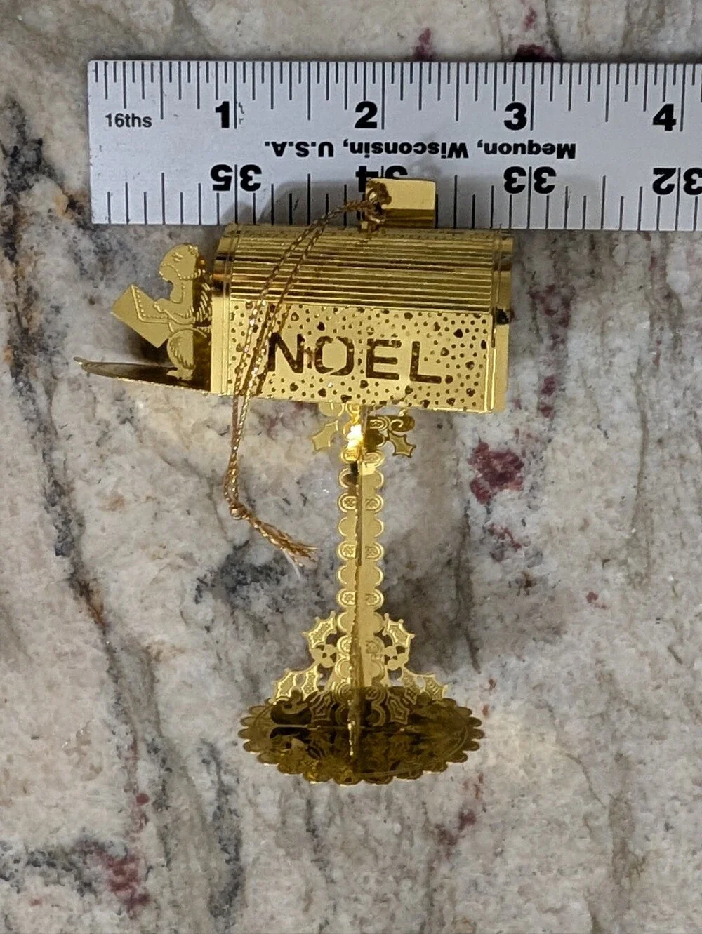 Vtg Christmas Ornament Gold Brass Metal Filigree Mailbox Shiny Santa Letter